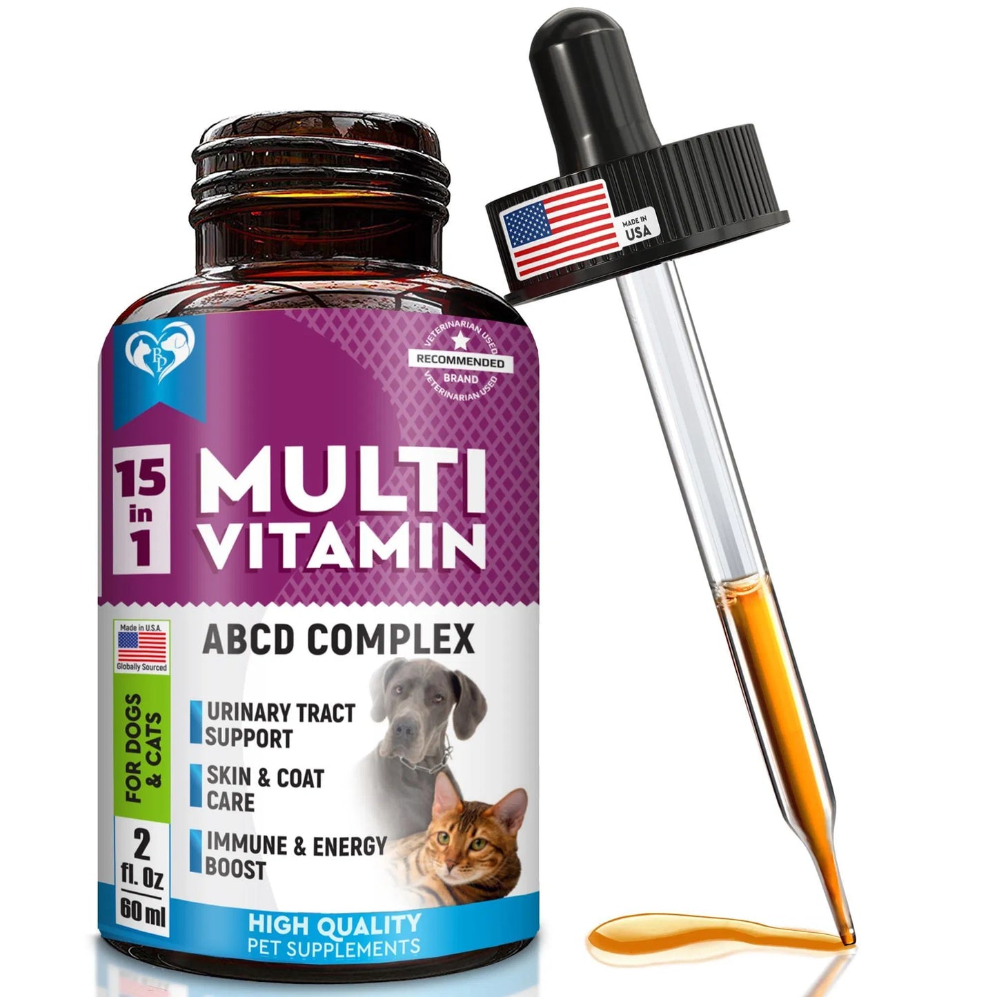 15-in-1 Liquid Multivitamin for Dogs & Cats - Complete Health Support with Glucosamine & Cranberry - 60ml